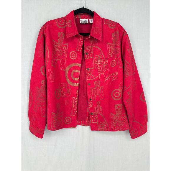 90s Vintage Jacket Womens Small Red Gold Artsy Button Lightweight Y2K - Picture 1 of 7